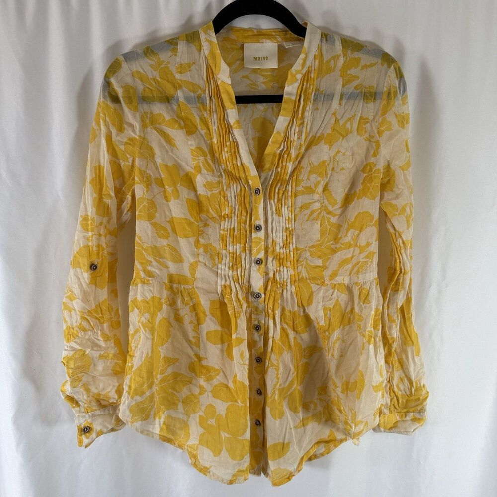 Maeve Blouse Women's 0 Yellow Floral Button Up Semi Sheer Cover Long Sleeve